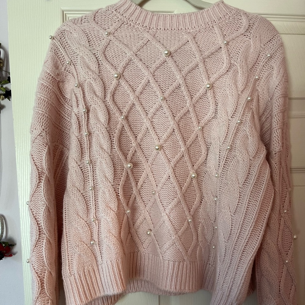 Pink Knit Crewneck Sweater with Pearls